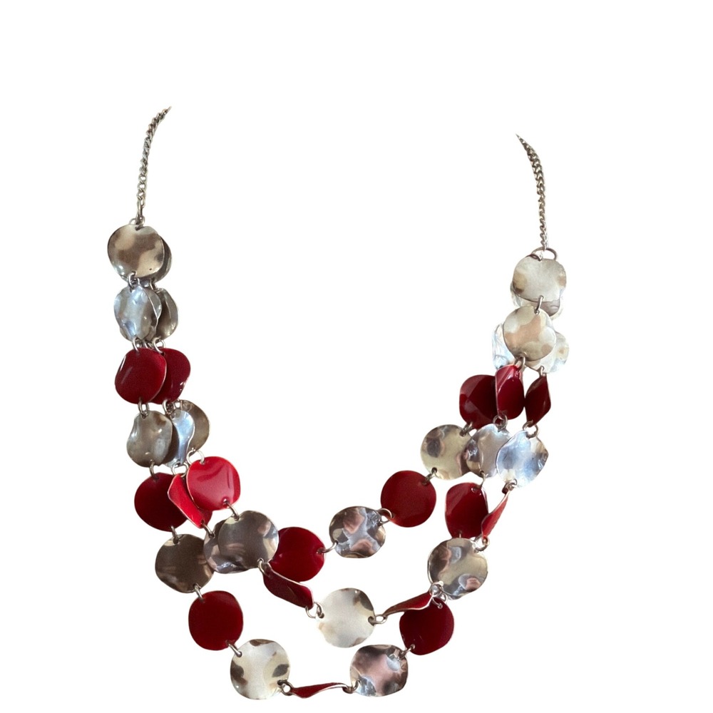 Red Silver Hammered‎ Disc Double Strand Statement Bib Necklace Adjustable Chunky